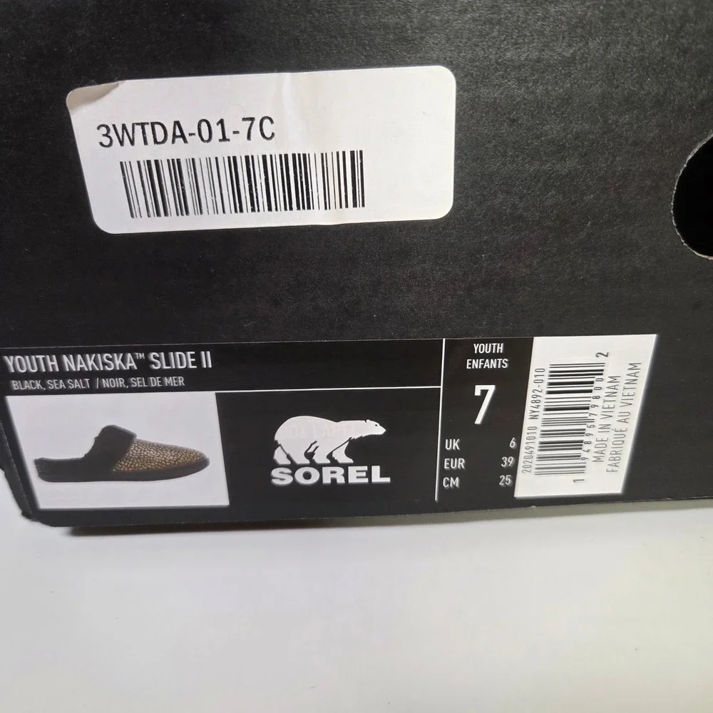 Sorel Youth Nakiska Slide II Black Sea Salt Metallic Holographic Slippers Size 7